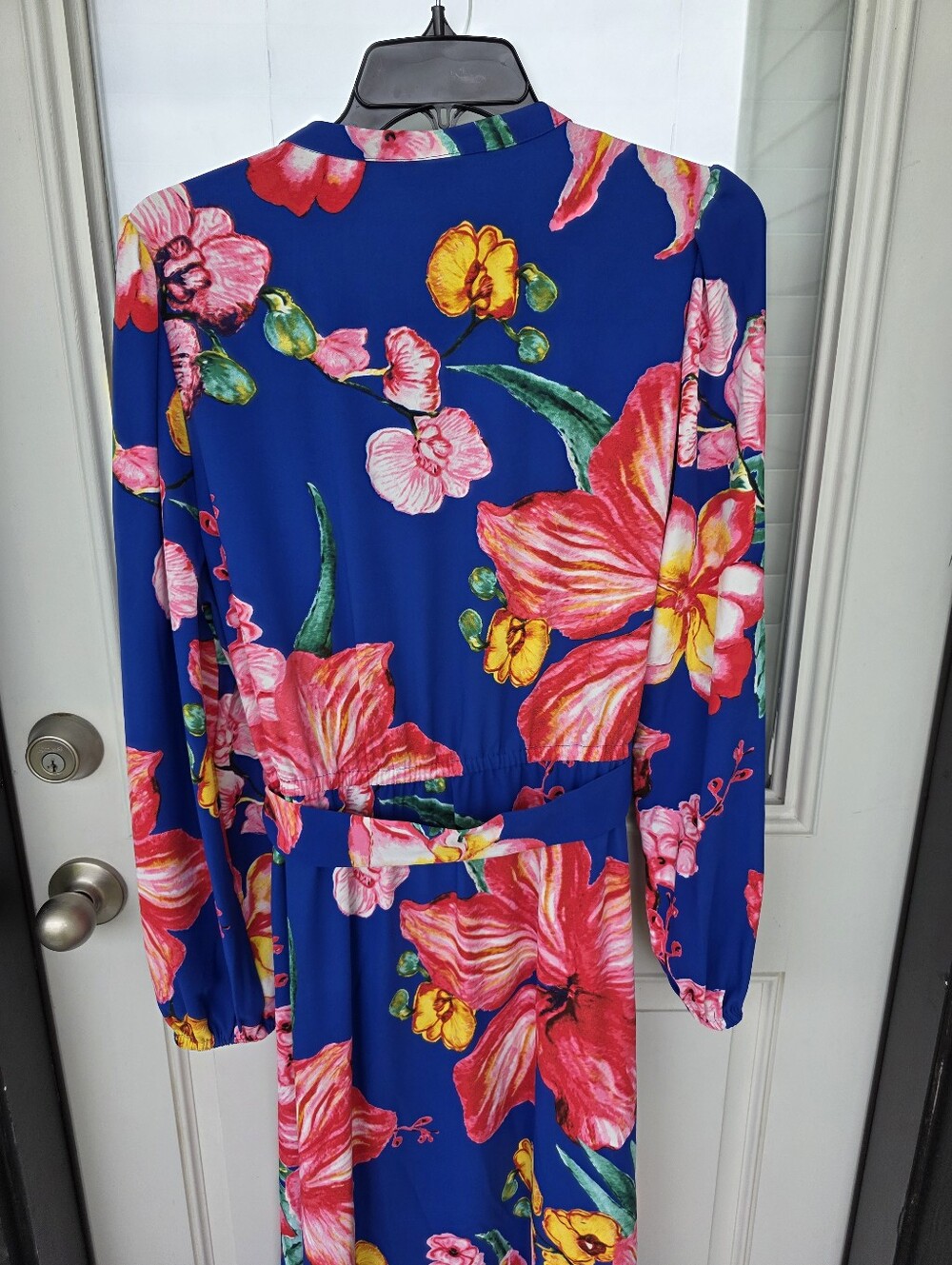 Halston Floral Maxi Dress Size 12 Blue Pink Long Sleeve Belted Vacation NWT - Picture 11 of 12